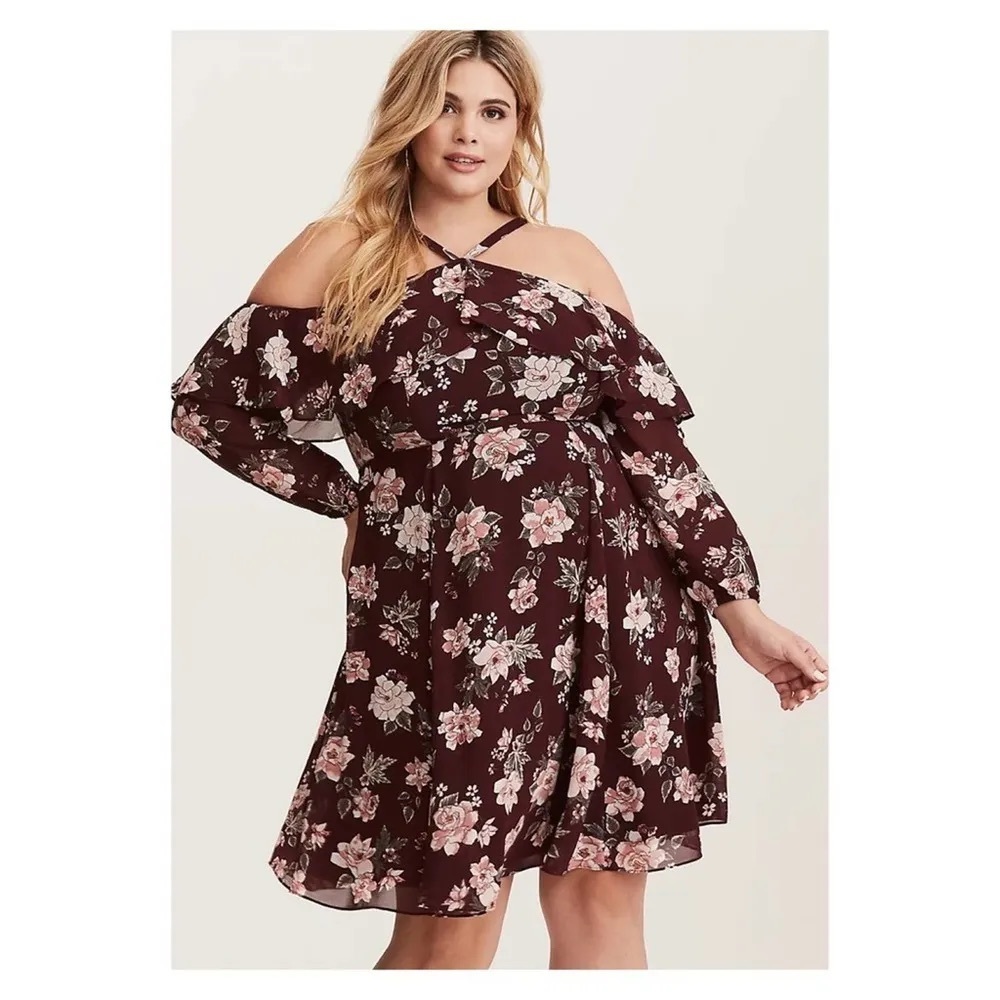 Torrid Wine Off Shoulder Floral cold shoulder Dress